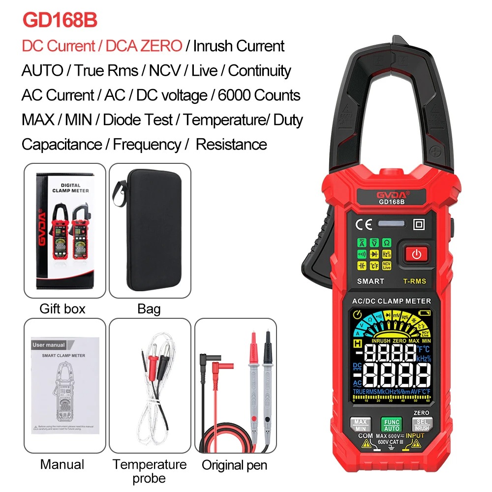 GVDA Auto Range 6000 Count True RMS NCV DC AC Voltage Inrush Current Tester Digital Clamp Meter Multimeter Resistance Capacitance Temperature Measurement Tester Automatic Voltmeter