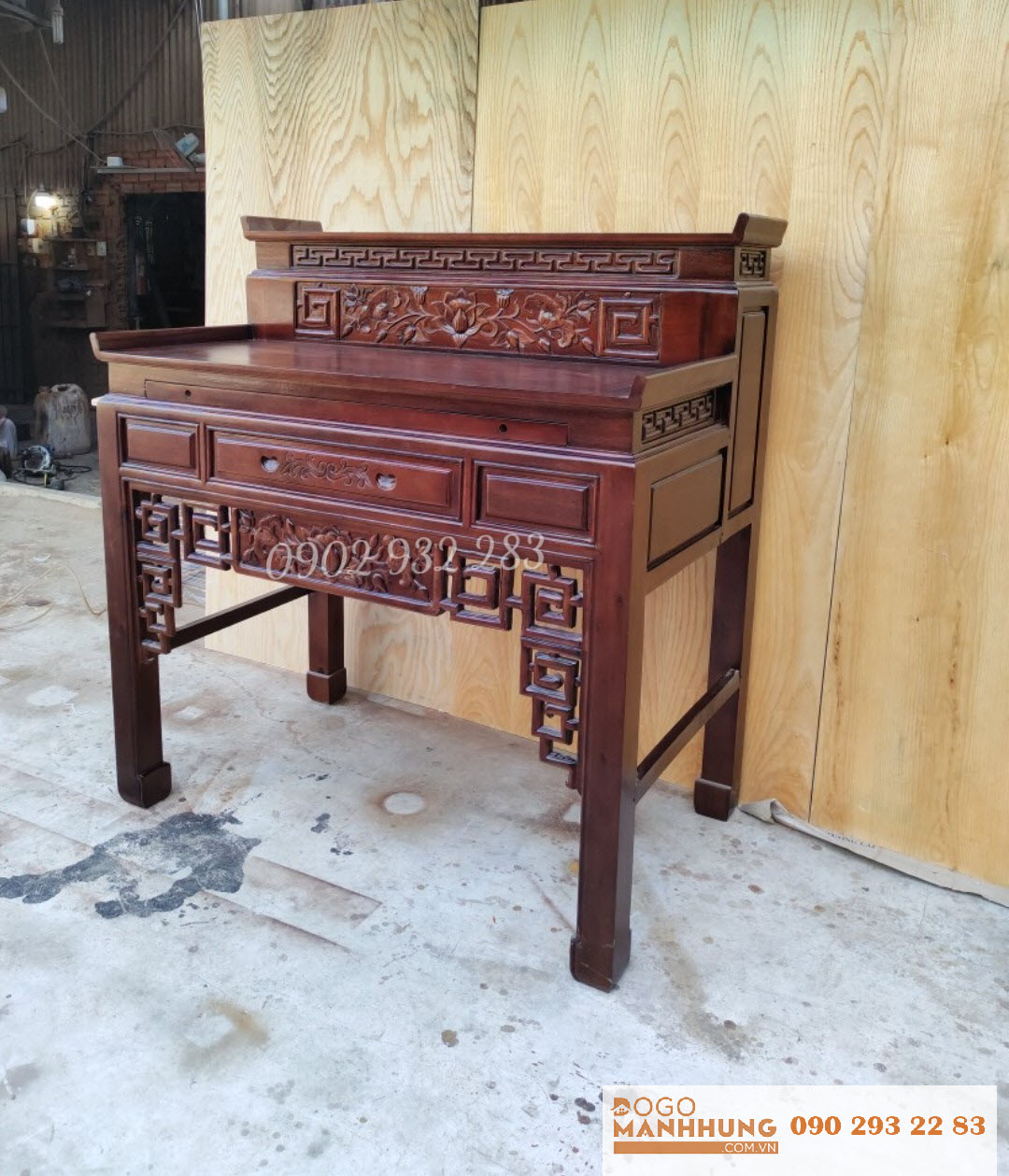 Bàn thờ gia tiên, bàn thờ phật, bàn thờ cúng tổ tiên, bàn thờ 2 tầng trạm sen 127 - Đồ Gỗ Mạnh Hùng