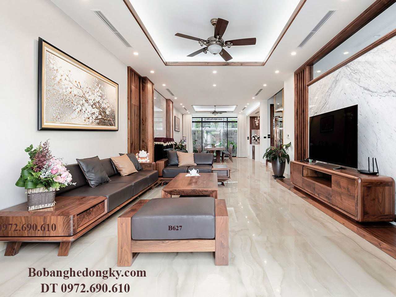 Bàn ghế phòng khách đẹp gỗ óc chó cho nhà thành phố b627