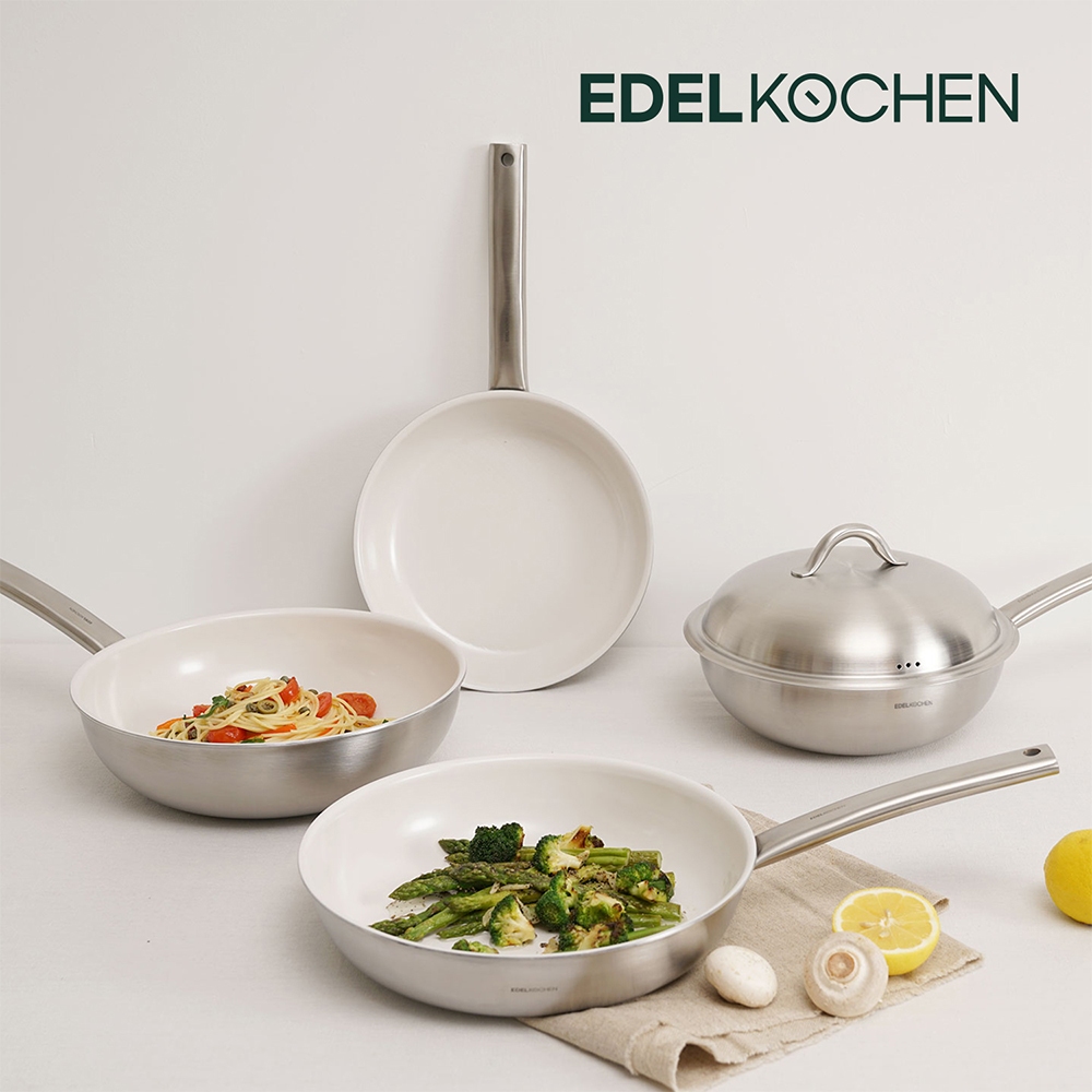 Combo of 2 Edelkochen Easy Prism Stainless Steel Pans - Cream Color (24cm Frying Pan/28Cm Stir-Fry Pan)