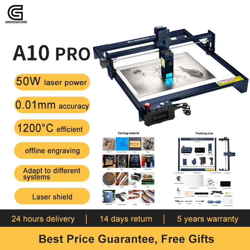  ATOMSTACK A10 pro 50W DIY Laser Cutter and Engraver Machine,  10W Output Power, Eye Protection Compressed Spot 11000mm/min Diode Laser  Engraving for Metal and Wood, 410x400mm