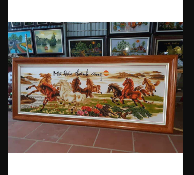 [222573] Tranh thêu chưa thêu Ngựa Thảo Nguyên Mã đáo thành công vàng 179x66 cm