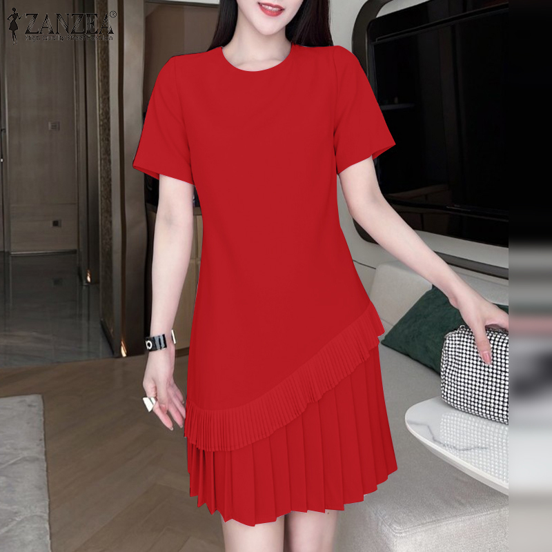 ZANZEA%20Korean%20Style%20Women's%20Dresses%20Commute%20Fashion%20Short%20Sleeve%20O%20Neck%20Patchwork%20Plain%20A-Line%20Dress%20-%20Image%209