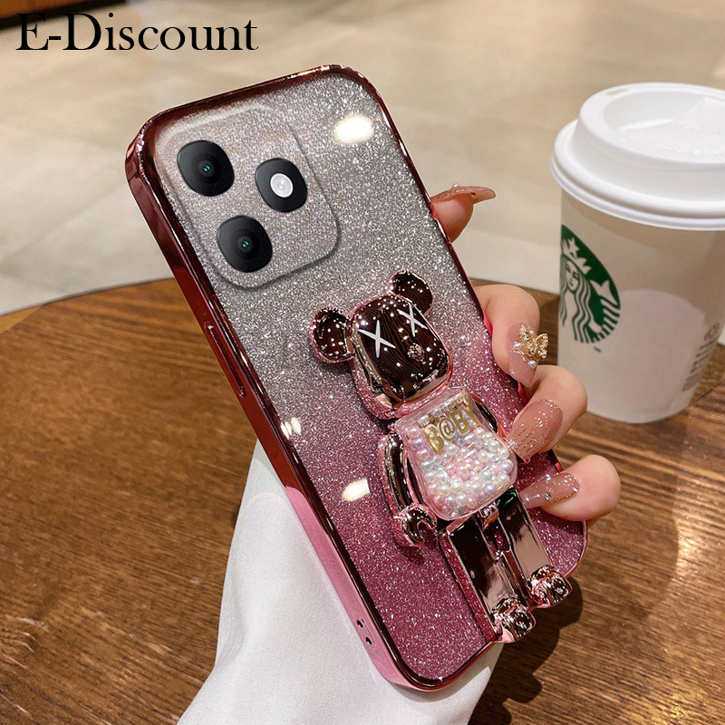 New Phone case itel A90 Back cover with Cartoon 3D Bear Stand Luxury Slim Gradient Plating Glitter Girls Stylish For itel A90 case.