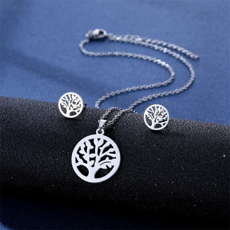316L Tree of Life Stainless Steel Neck Chain Necklace Earring Set Lucky ...