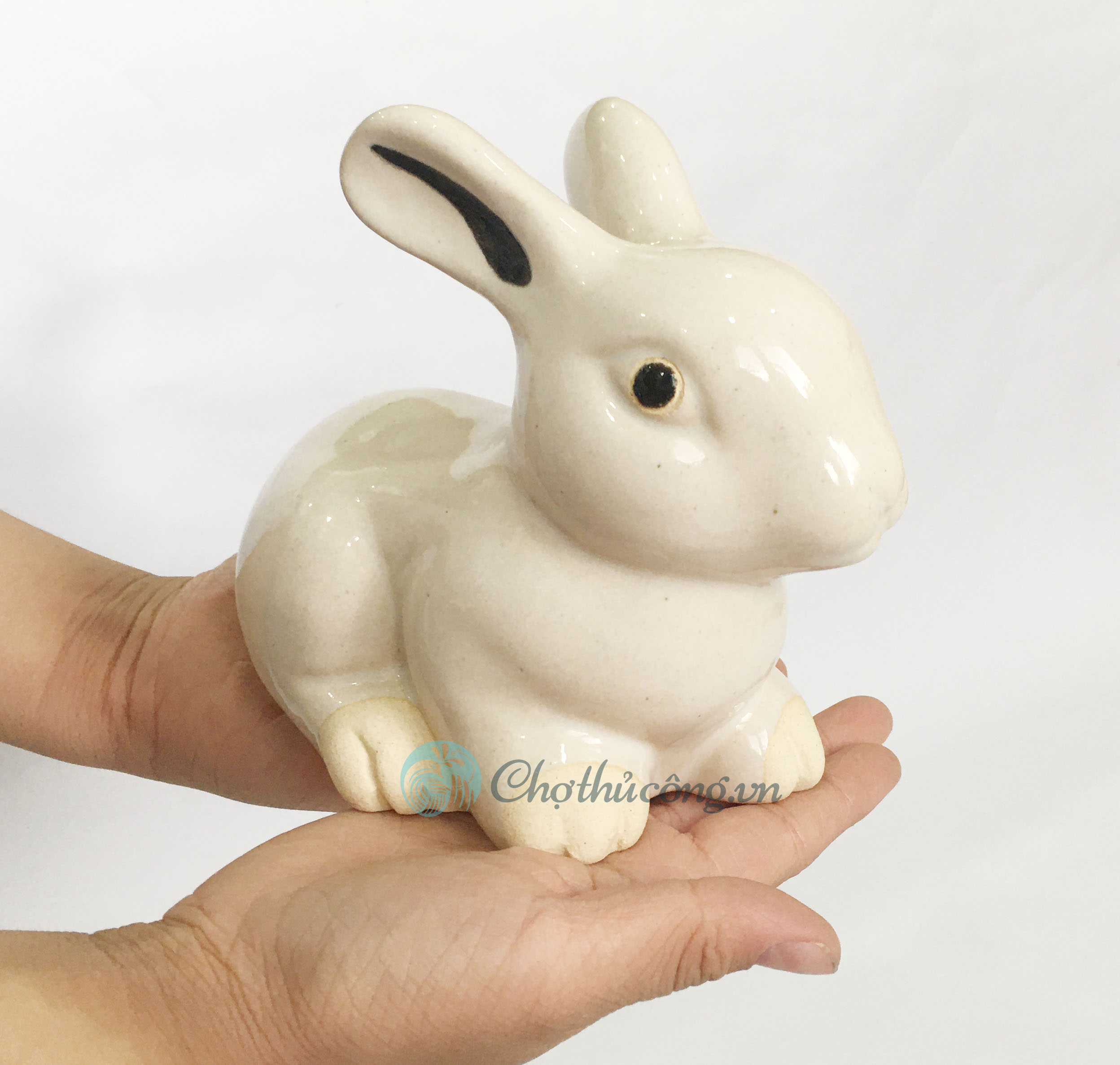 Medium size enameled ceramic jade rabbit - Rustic ceramic rabbit statue, lovely decoration, vintage decor