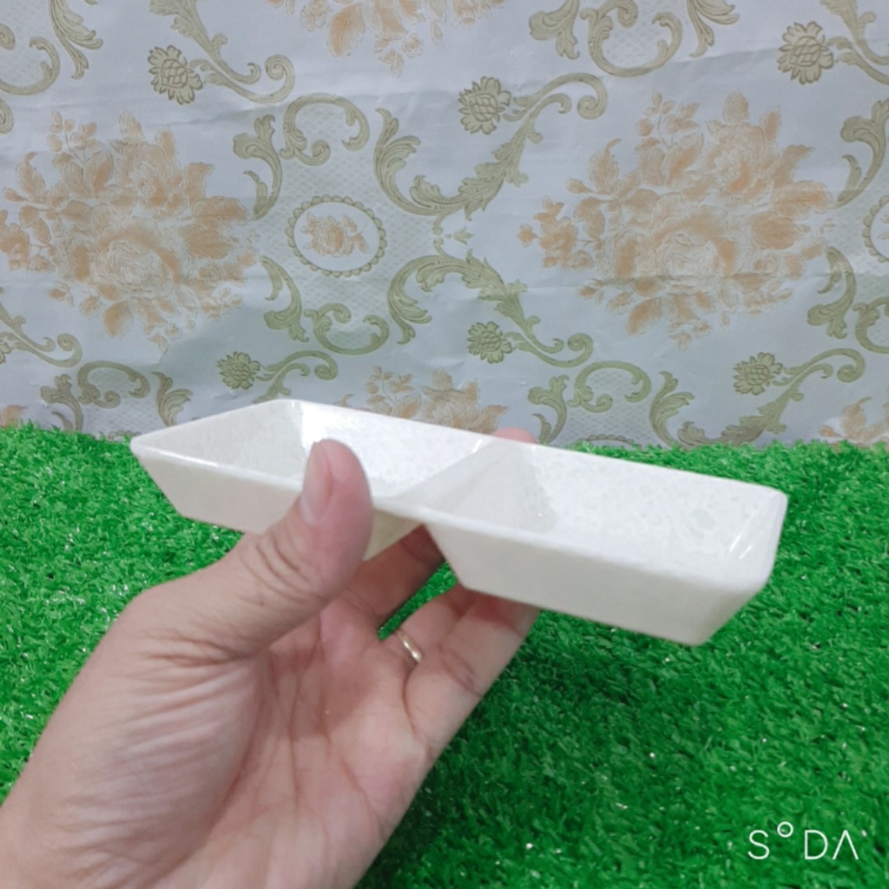 Chén chấm 2 ngăn vuông Melamine kiểu vân đá kem C103