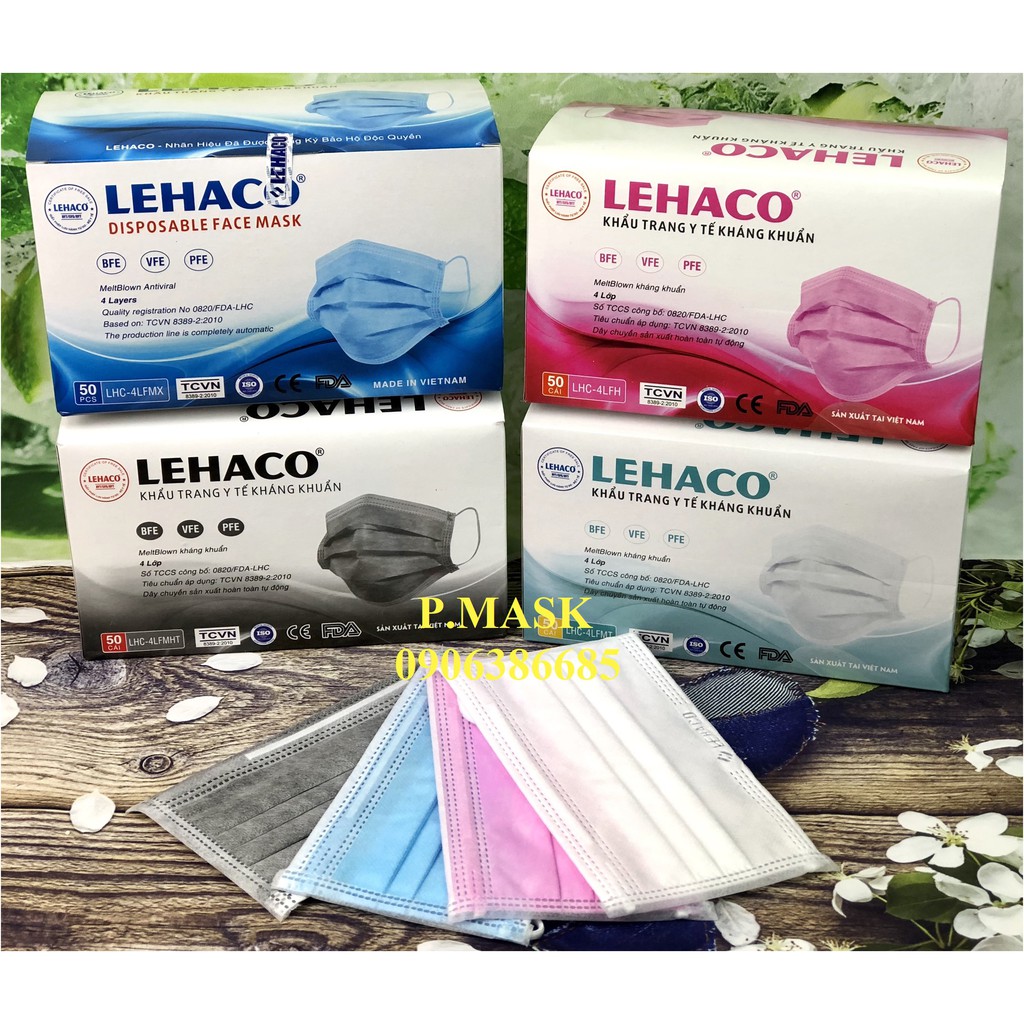 Khẩu trang y tế Lehaco 4 Lớp Màu Hồng Trắng Xanh Xám kháng khuẩn 50 cái