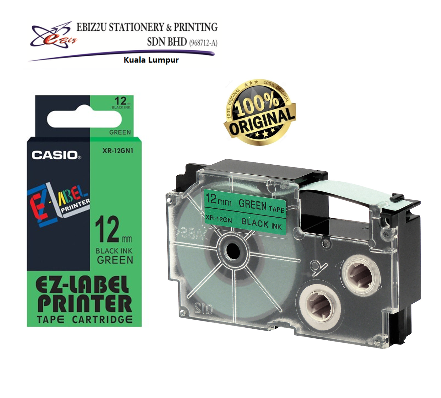 Casio XR-12GN1 12mm Black on Green EZ-label Tape Cartridge Casio
