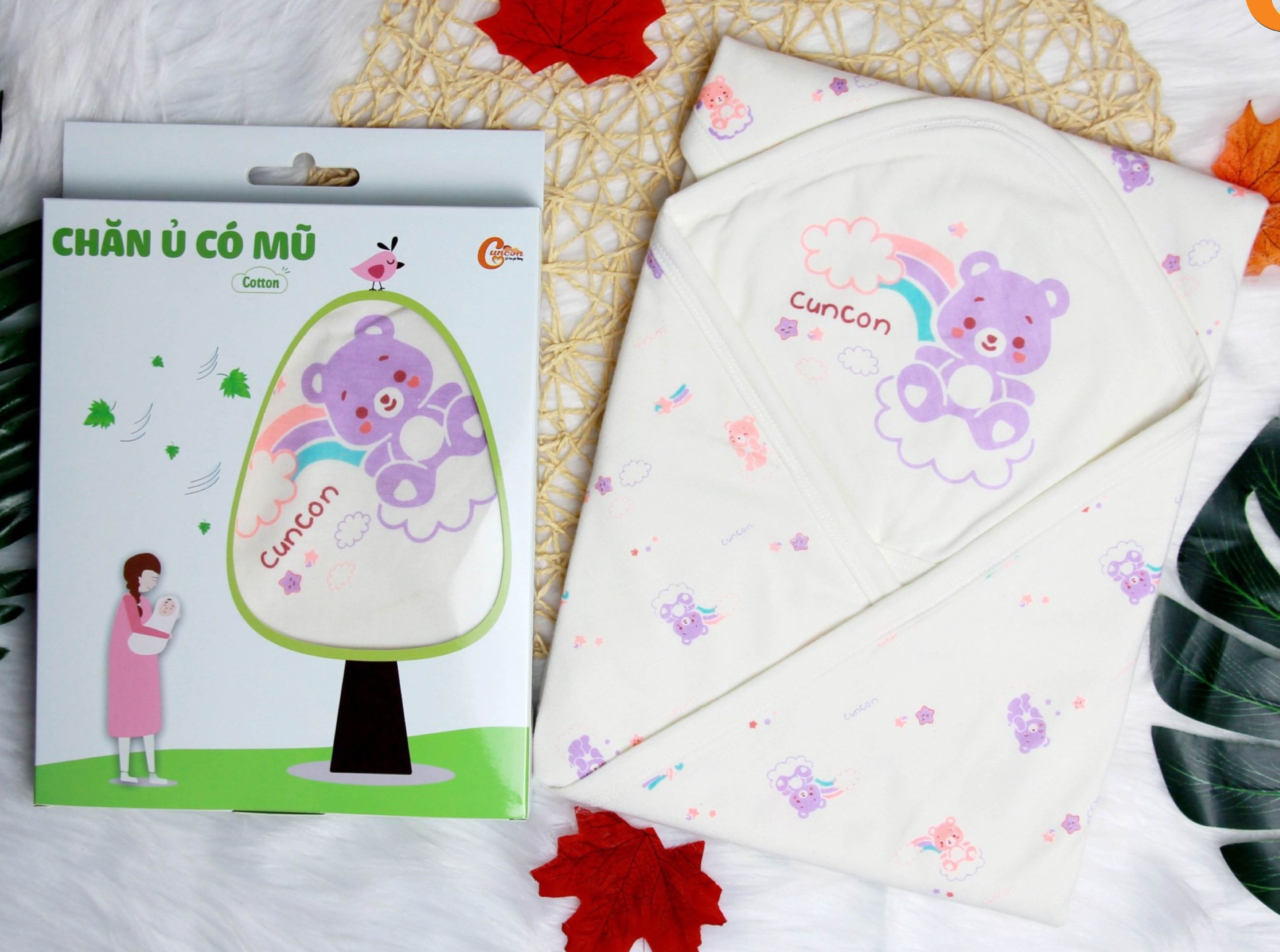 (KT 75x78cm) KHĂN Ủ CHOÀNG SƠ SINH CÓ NÓN CHO BÉ - HIỆU CÚN CON