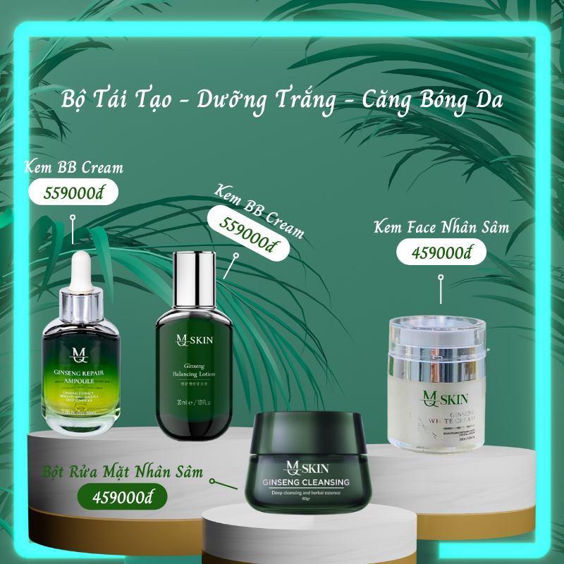 Bộ mỹ phẩm tái tạo, dưỡng trắng, căng bóng da mq skin chính hãng, kem bb cream + kem face + serum căng bóng + bột rửa mặt