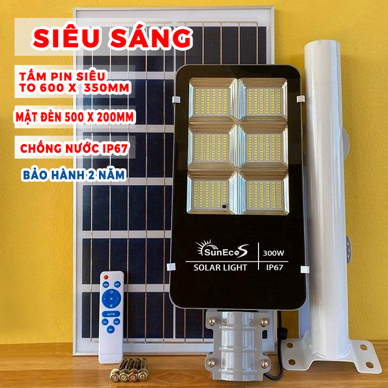 Đèn đường năng lượng mặt trời 300w Suneco đầy đủ phụ kiện, Đèn Cao Áp Năng Lượng Mặt Trời SUNECO, thời gian sáng 14 – 16h, tấm pin rời siêu bền, Đèn năng lượng mặt trời sử dụng chip led 5730 Siêu sáng, bảo hành 12 tháng