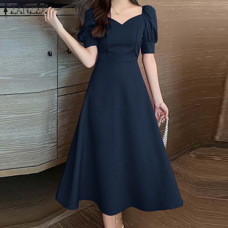 ZANZEA%20Korean%20Style%20Womens%20Puff%20Short%20Sleeve%20Midi%20Dress%20Collect%20Waist%20Elegant%20Party%20Long%20Dresses%20-%20Image%205