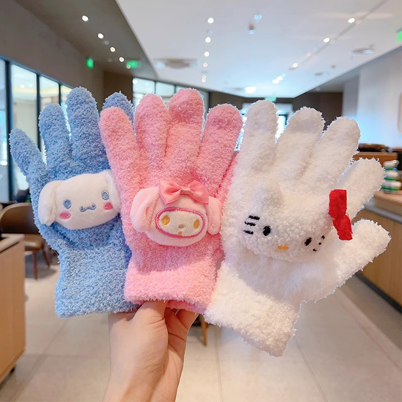 1Pair Kawaii Cute Kuromi Melody Cinnamoroll Kt Cat Gloves Cartoon Five Finger Gloves Fashion Autumn Winter Warm Student Gloves Bayline.