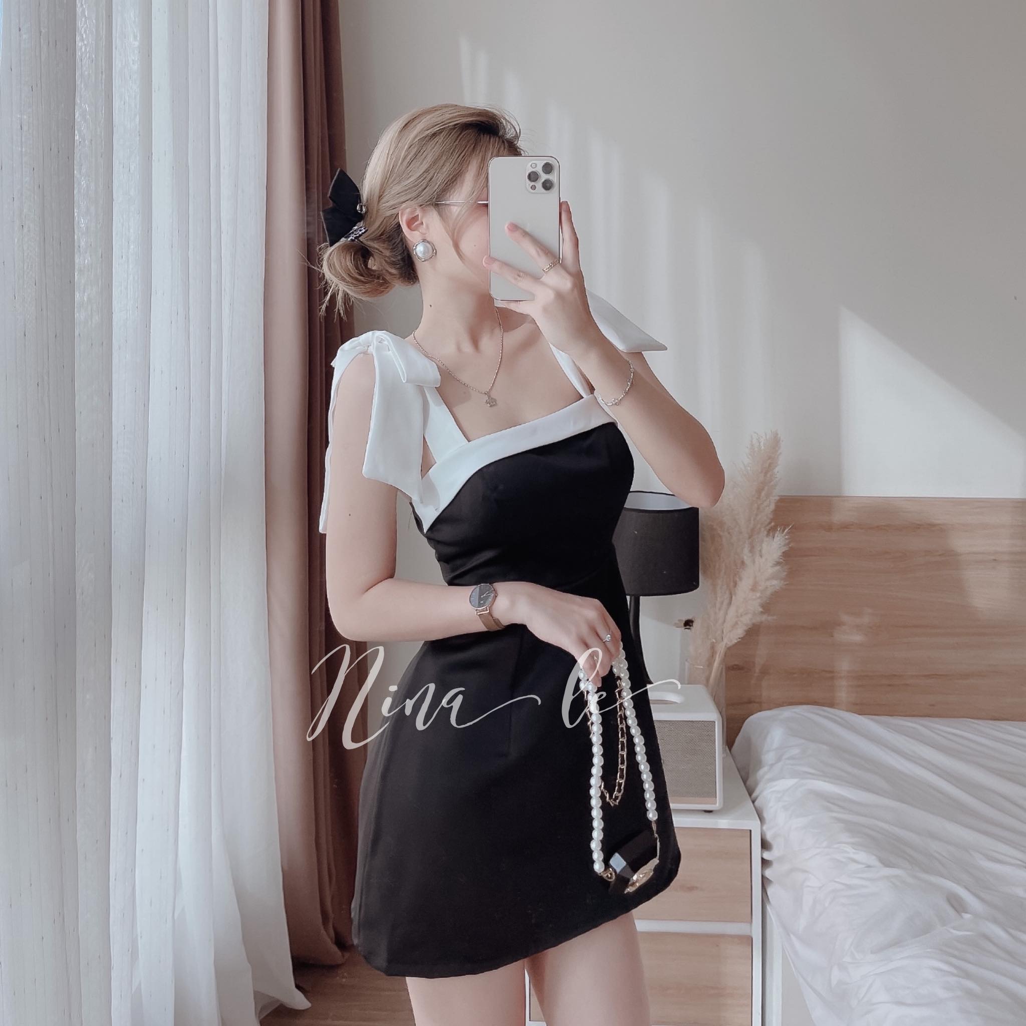 ĐẦM 2 DÂY THẮT NƠ TRẮNG/ĐEN UMI (CÓ MÚT NGỰC)