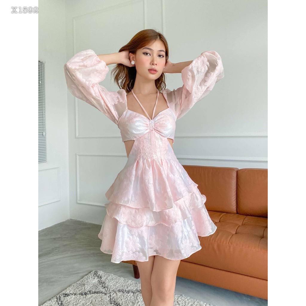 ĐẦM HOA NỔI CỔ YẾM KHOÉT EO