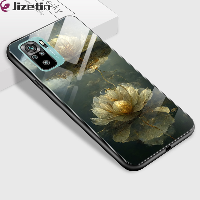 Jizetin Glass Phone Casing For Xiaomi Redmi Note10 Note 10 5G Note10 Pro Note 10S Luxury Lotus Flower Design Shockproof Glossy Case Tempered Glass Back Cover Casing