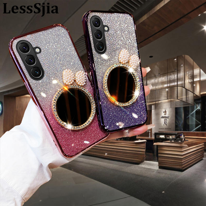 Phone Cover Samsung A26 A36 A56 Back case with Bow Makeup Mirror Luxury Shiny Gradient Clear Plating Glitter Girls Slim For Galaxy A36 A26 A56 Phone cases.