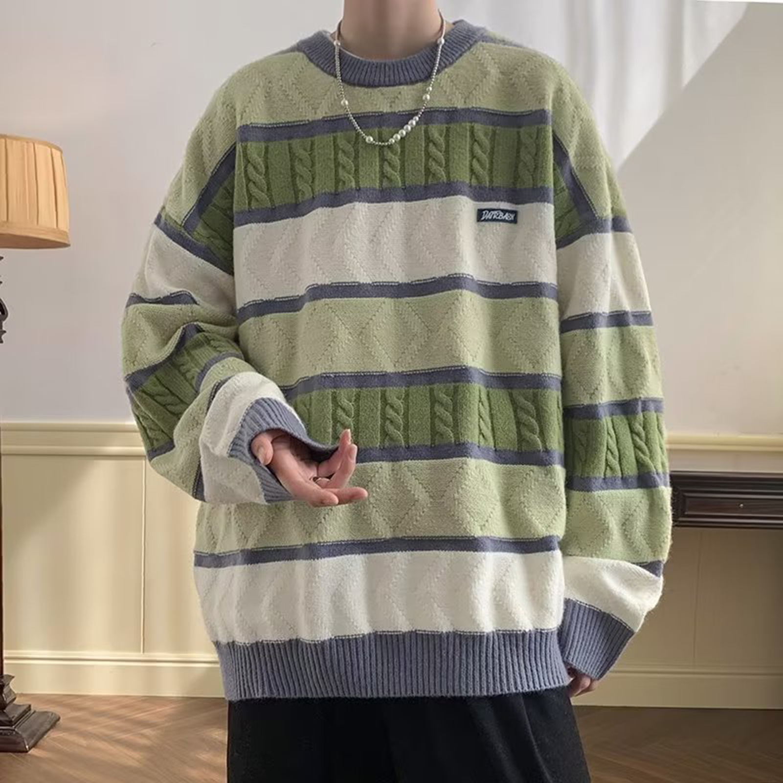 Men Sweater O-neck Knitting Pullover Men's Thick Striped Sweater Casual Winter Pullover with O-neck and Long Sleeves less Than