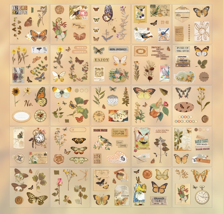 Hộp 100 tấm sticker vintage trang trí sổ