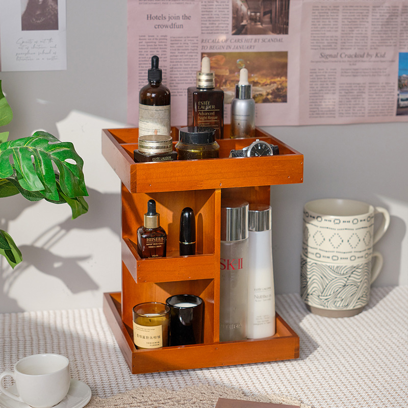 Vintage Desktop Rotating Multi-Layer Cosmetic Organizer Wooden Multi-Layer Perfume Display Rack Storage Shelf