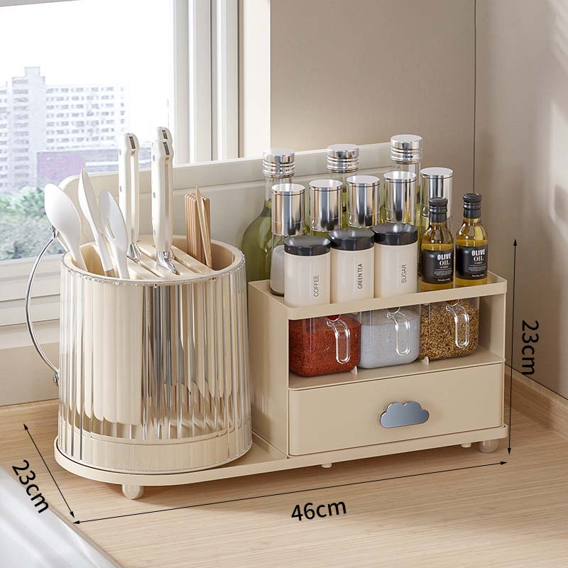 Kitchen multifunctional rotating knife storage rack, chopstick barrel, divided spice and seasoning storage box, oil, salt, soy sauce and vinegar storage