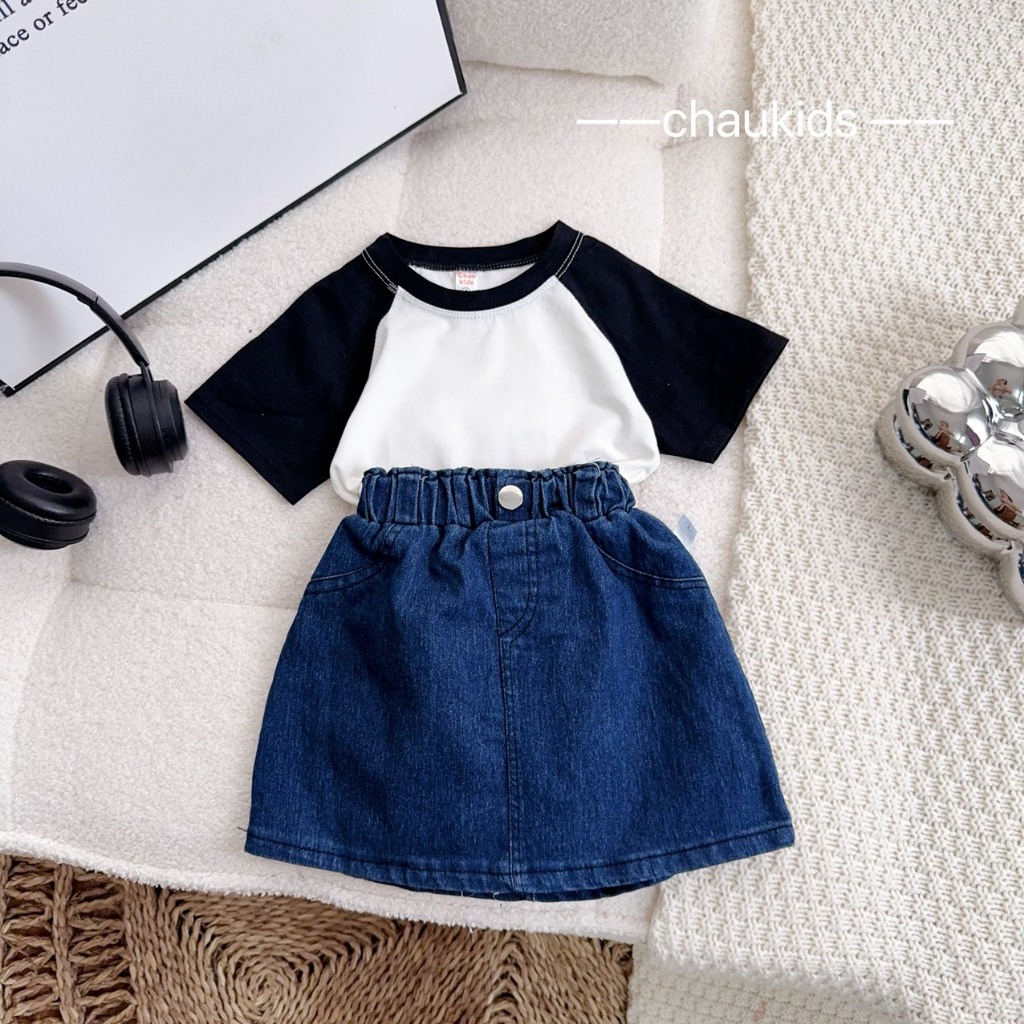 10-30kg set áo cotton kèm chân váy jean cho bé gái