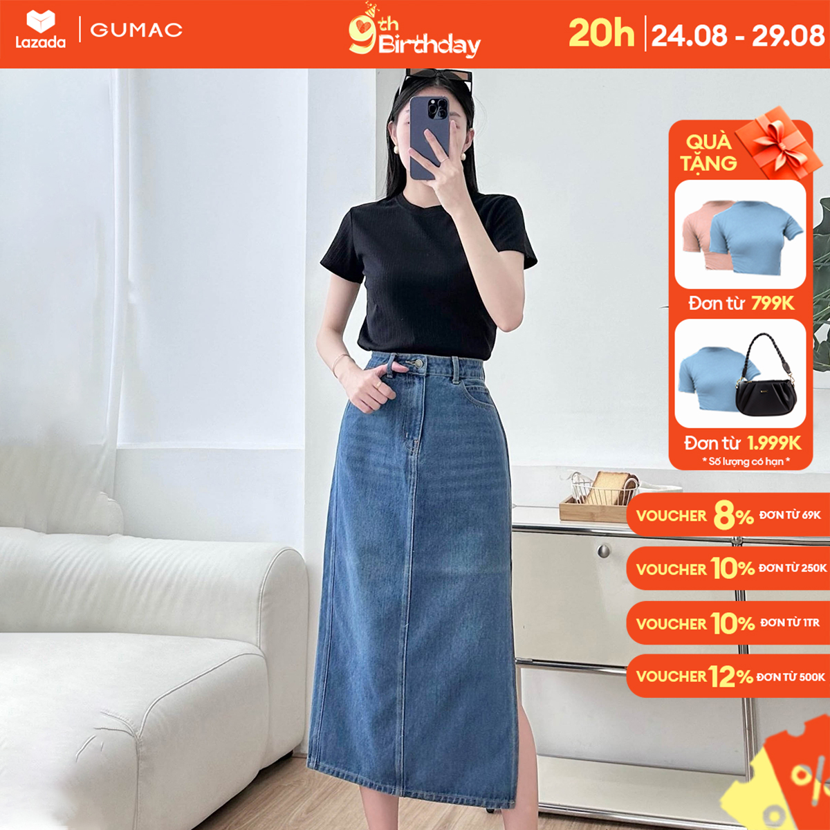 Chân váy bút chì xẻ thời trang gumac vd12037