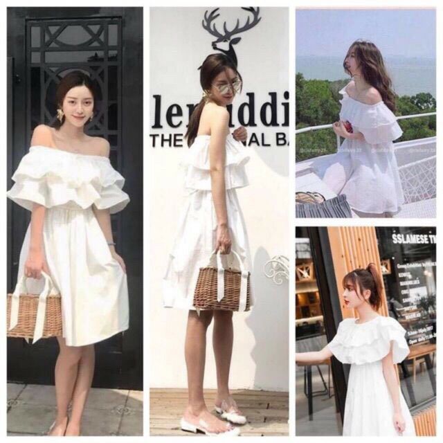 [ SIÊU HOT + FREE SHIP ] Váy trễ vai siêu xinh vải lụa mềm mịn tôn dáng