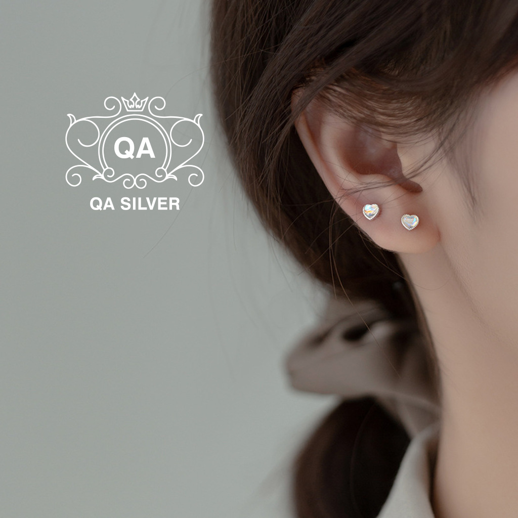 Khuyên tai bạc 925 trái tim đính đá chốt bi vặn ánh xà cừ bông nụ nam nữ S925 HEART QA SILVER Earrings EA220402