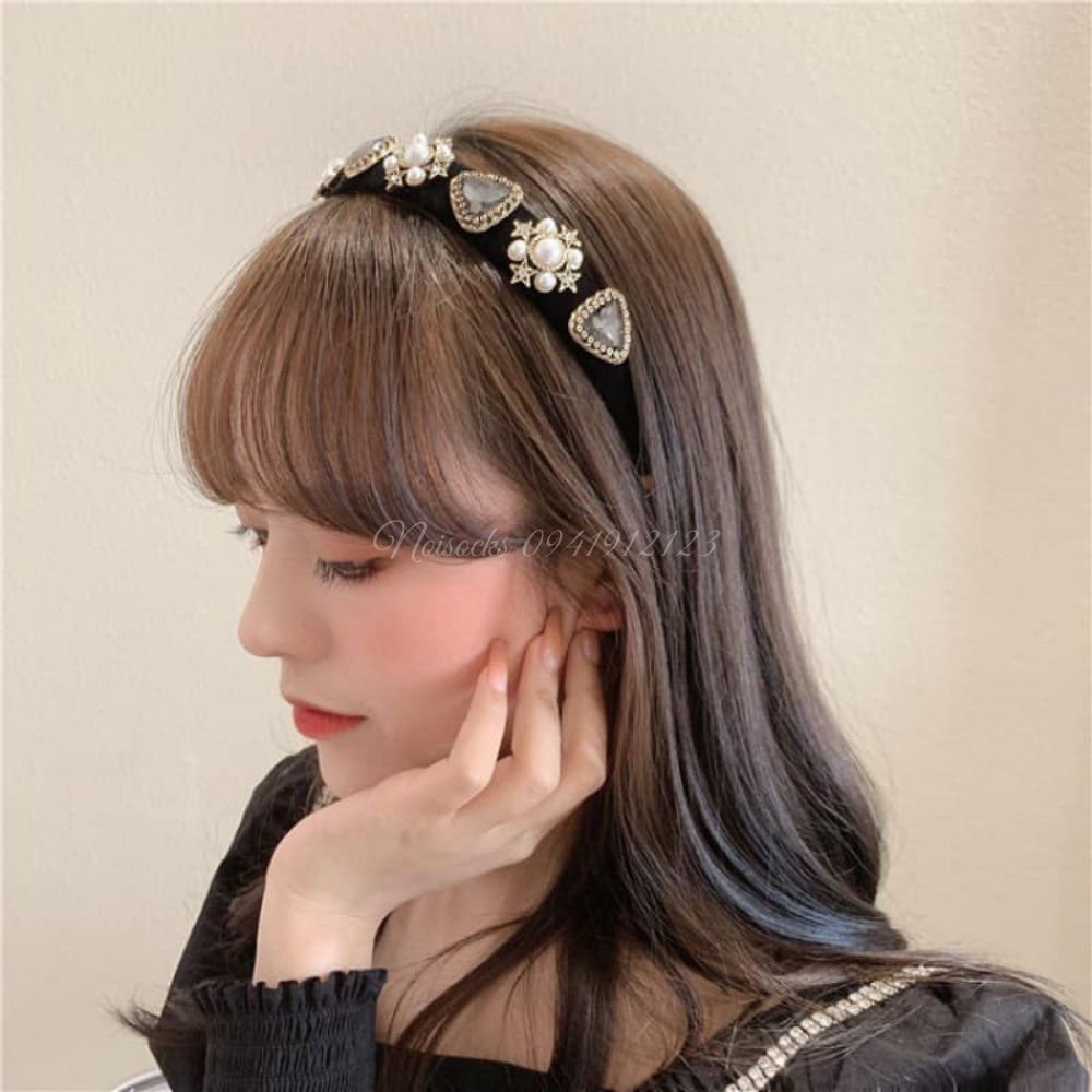 [Sỉ lẻ] Bờm nhung lụa đen đính đá Thời Trang, Bờm cài tóc Retro Nhung Hàn Quốc - Noisocks