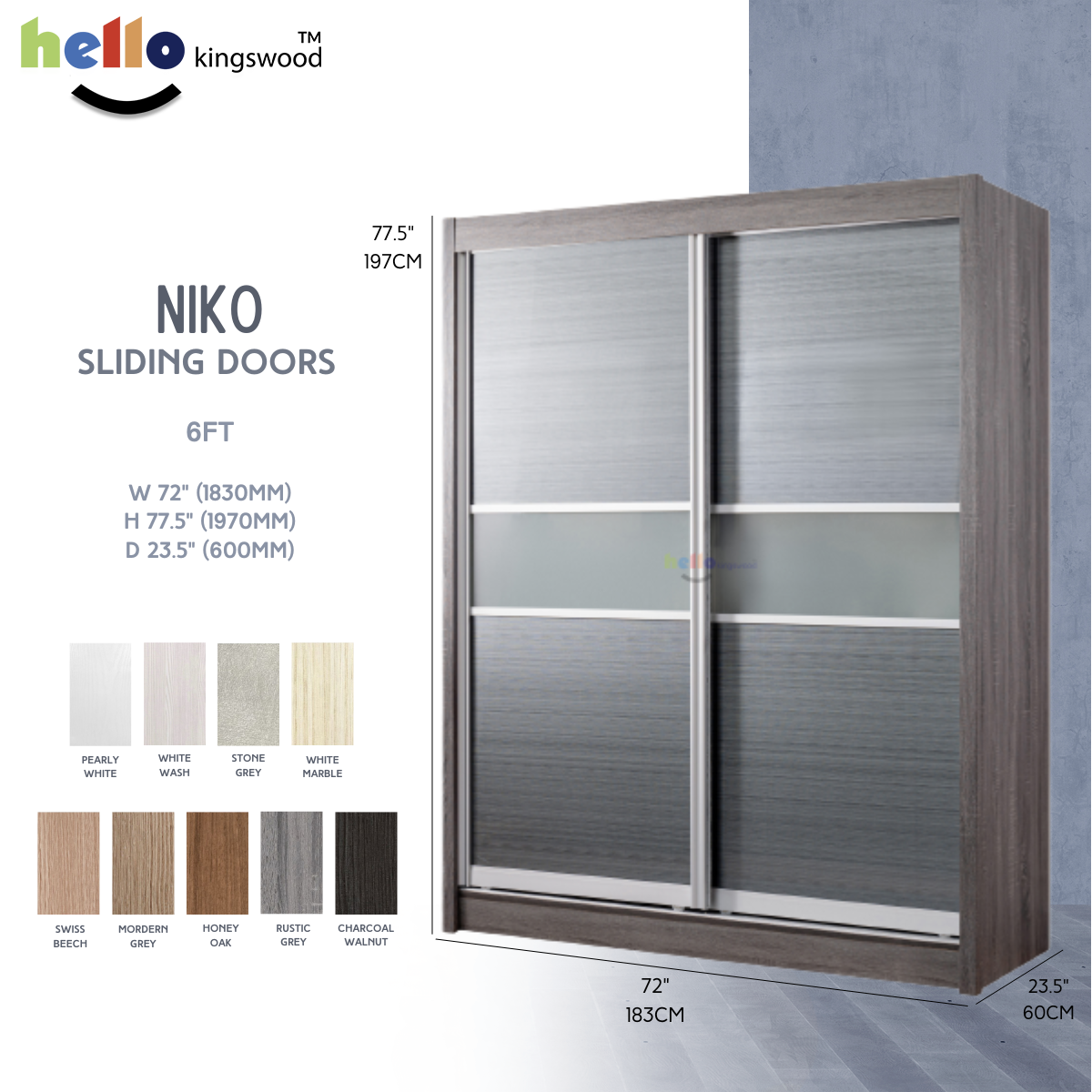 [Kingswood] Niko Sliding Door Wardrobe, 4.5 5 5.5 6ft, Solid