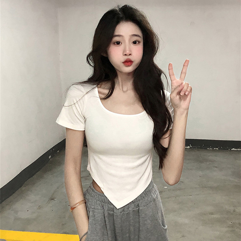 Women Short Sleeve Square Neck T-Shirt Summer Irregular Hem Slim Casual Bottom TopsNIUMAO. 