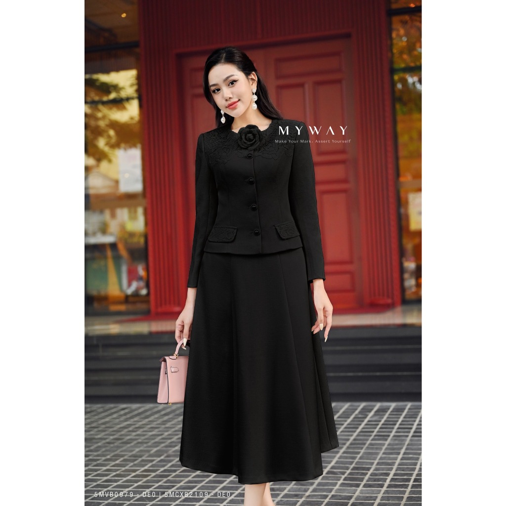 Set áo vest chân váy nữ my way phối ren kết hoa sang trọng 5mvb0979 -5mcxb2109