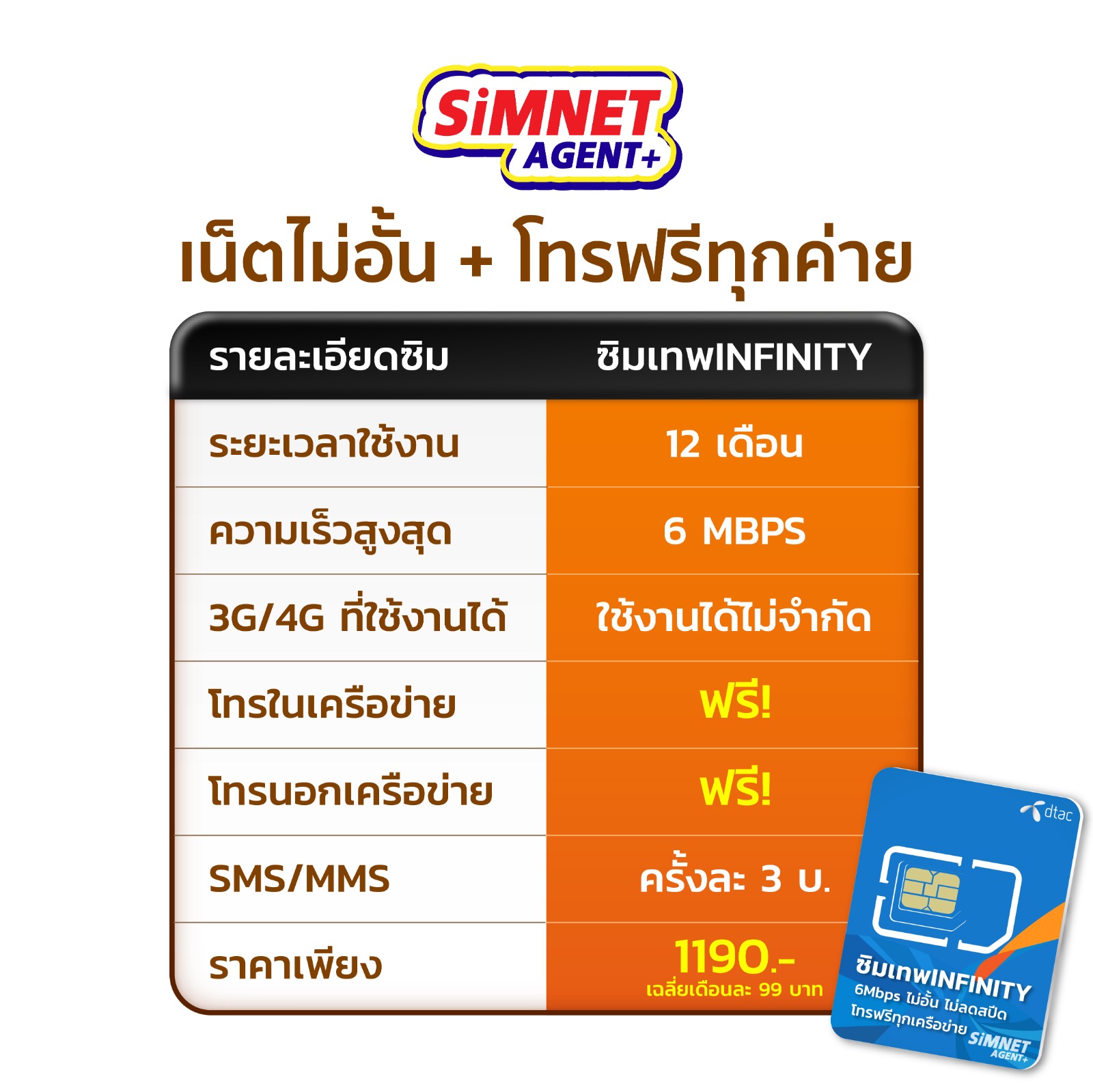 Sim Sim Infinity ซิมเทพ ดีแทค infinity โทรฟรีทุกเครือข่าย เน็ตไม่อั้น ความเร็ว6Mbps ...
