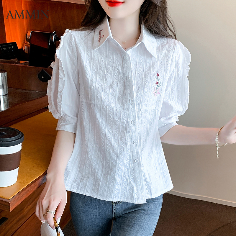 AMMIN 2023 summer new sweet and delicate embroidered letters lapel short sleeve elegant blouse women's korean style flower embroidery lotus leaf sleeve cotton shirt female ins tops
