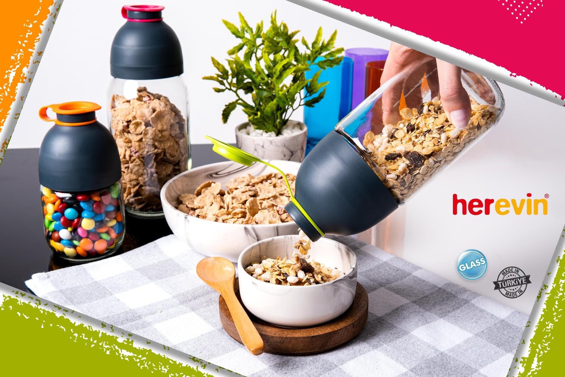 Bộ 3 Hũ Đựng Ngũ Cốc Thuỷ Tinh Thổ Herevin