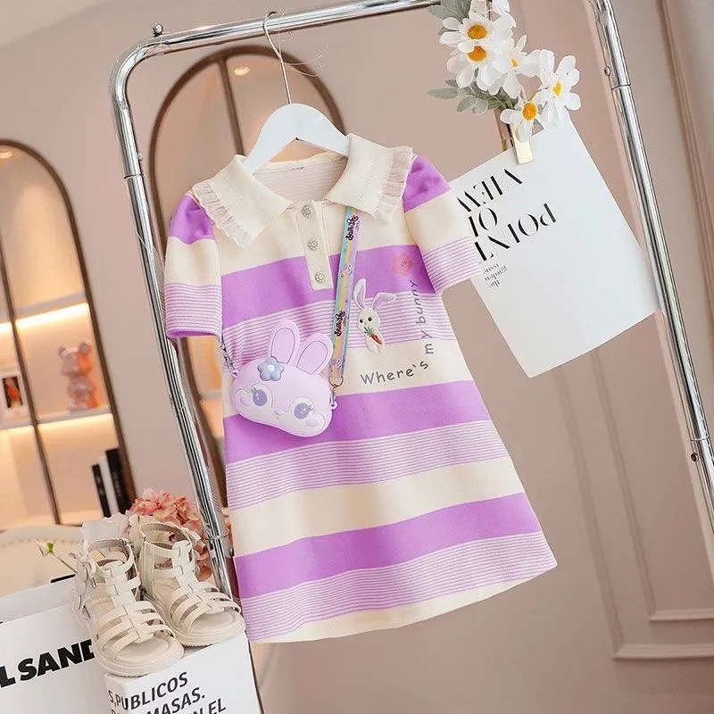 LS Girls Dress Kids Polo Skirt Girls Short Sleeve Striped Casual Dress