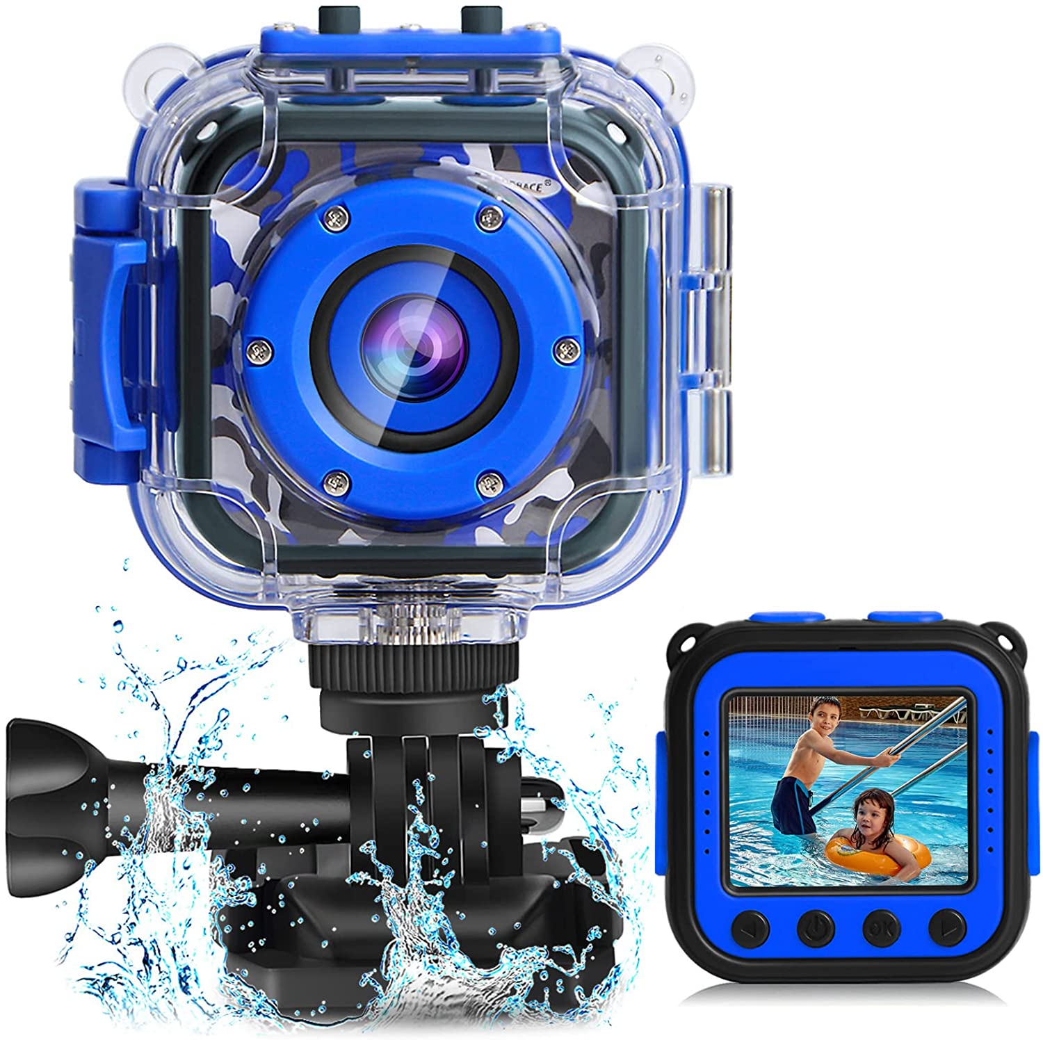AKAMATE Kids Action Camera Waterproof Video Digital Children Cam 1080P HD Sports Camera Camcorder for Boys Girls Blue Build-in 3 Games 32GB SD Card 