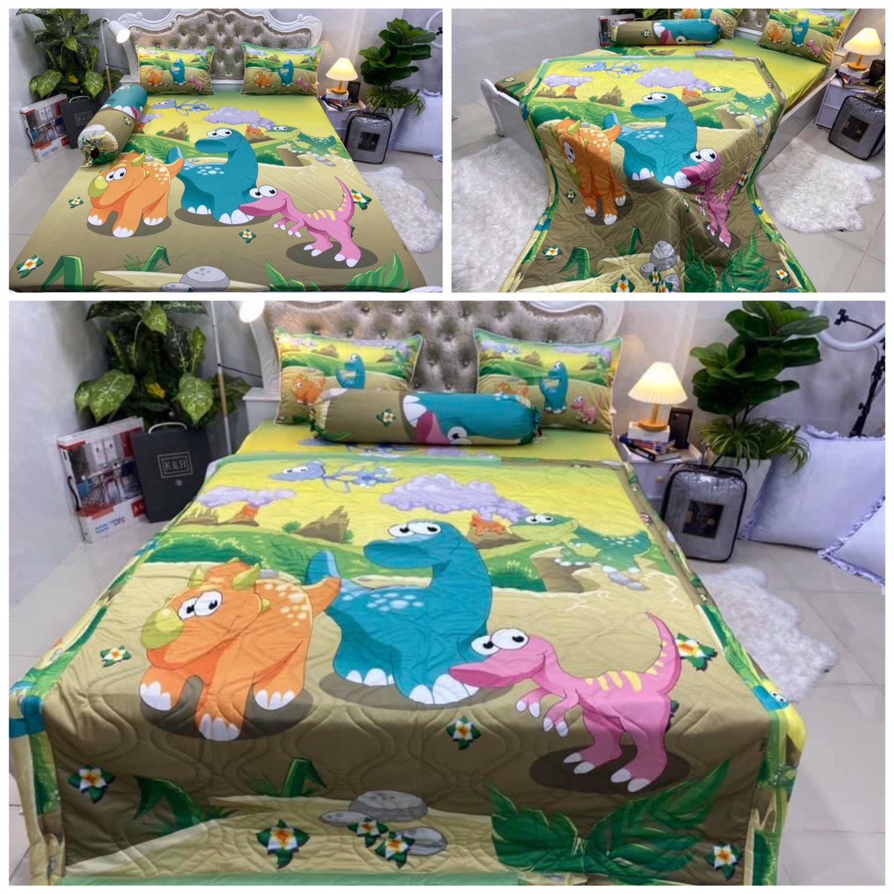 BỘ DRAP GA THUN Ý 5D MẪU KHỦNG LONG CHẤT MÁT LẠNH 4 MÓN
