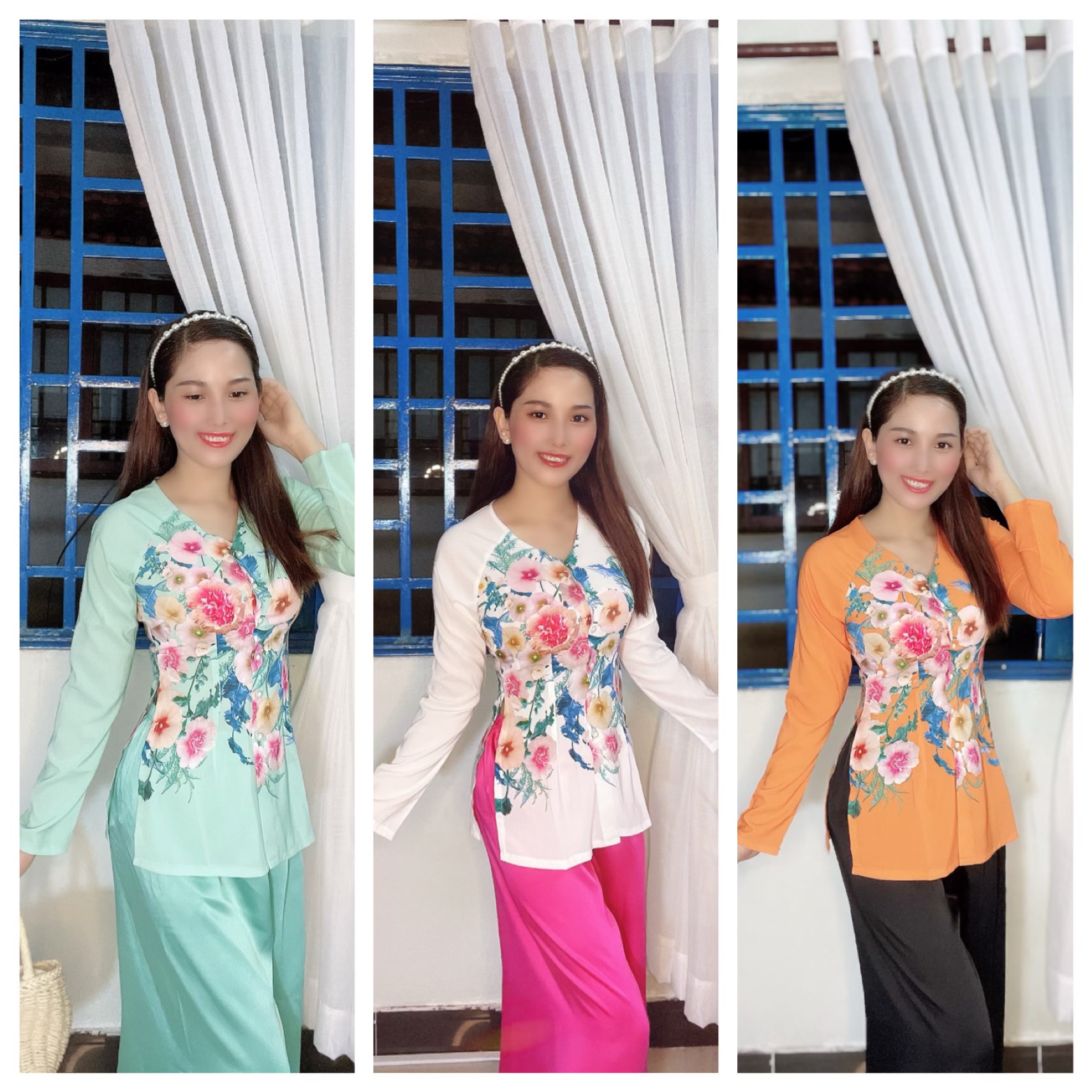 ÁO BÀ BA LỤA IN HOA XINH