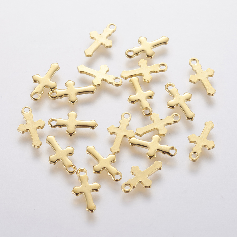 10pc 304 stainless steel tiny cross charms real 18k gold plated 12x7x0.8mm hole: 1.2mm