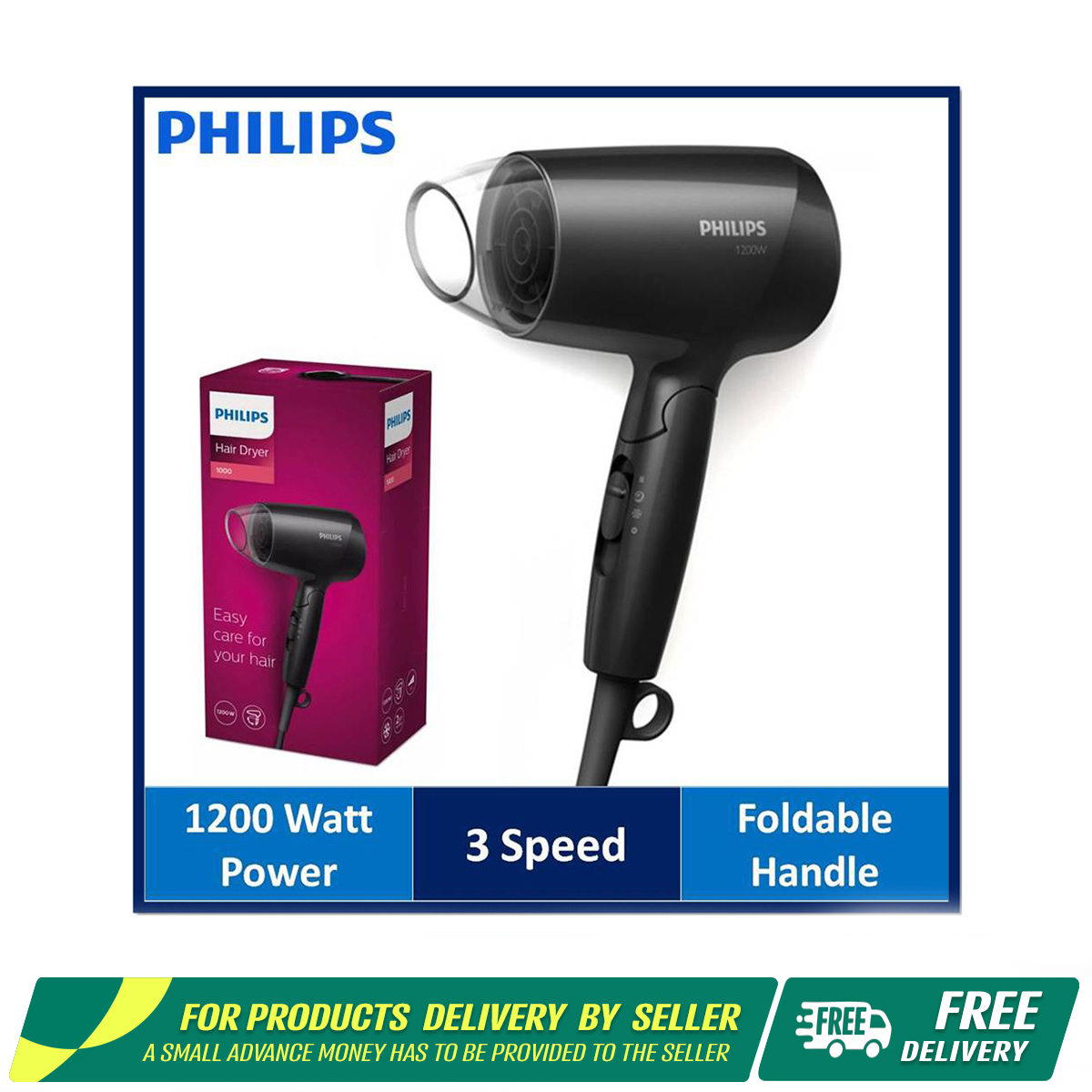 Philips BHC010/10 Essential Care Compact Hair Dryer | 1200 Watt