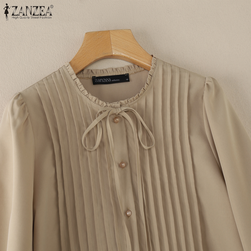 ZANZEA%20Korean%20Style%20Women%20Office%20Pleated-Bib%20Shirts%20Lace-Up%20Ruffled%20Crew%20Neck%20Long%20Sleeve%20Plain%20Tops%20-%20Image%207