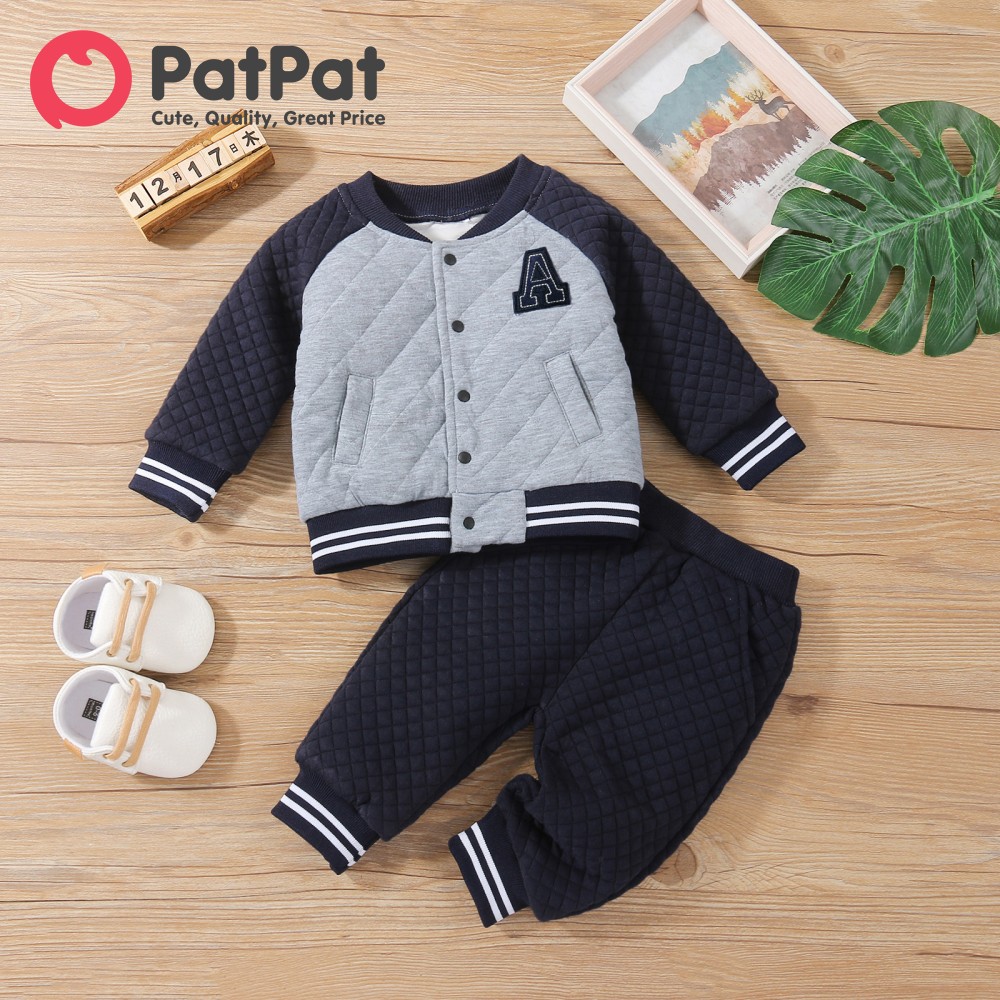 PatPat 2pcs Baby Letter Patch Raglan Sleeve Cotton Jacket and Trousers Set