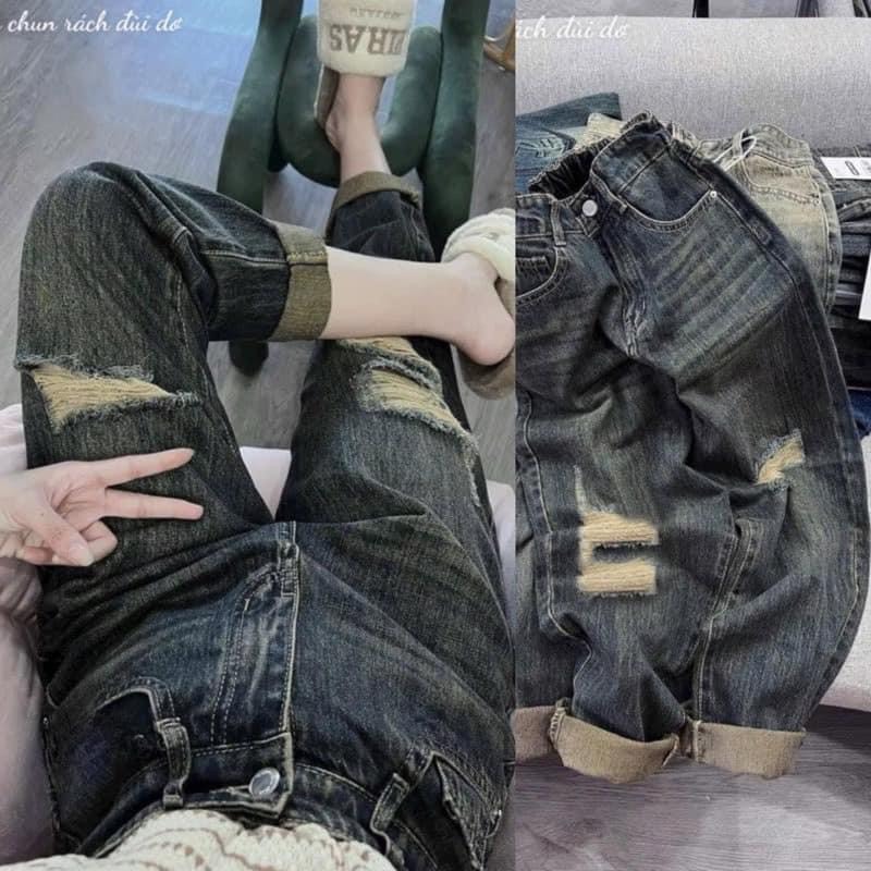 Quần Bò Bagy Rách Logo Thêu Tb