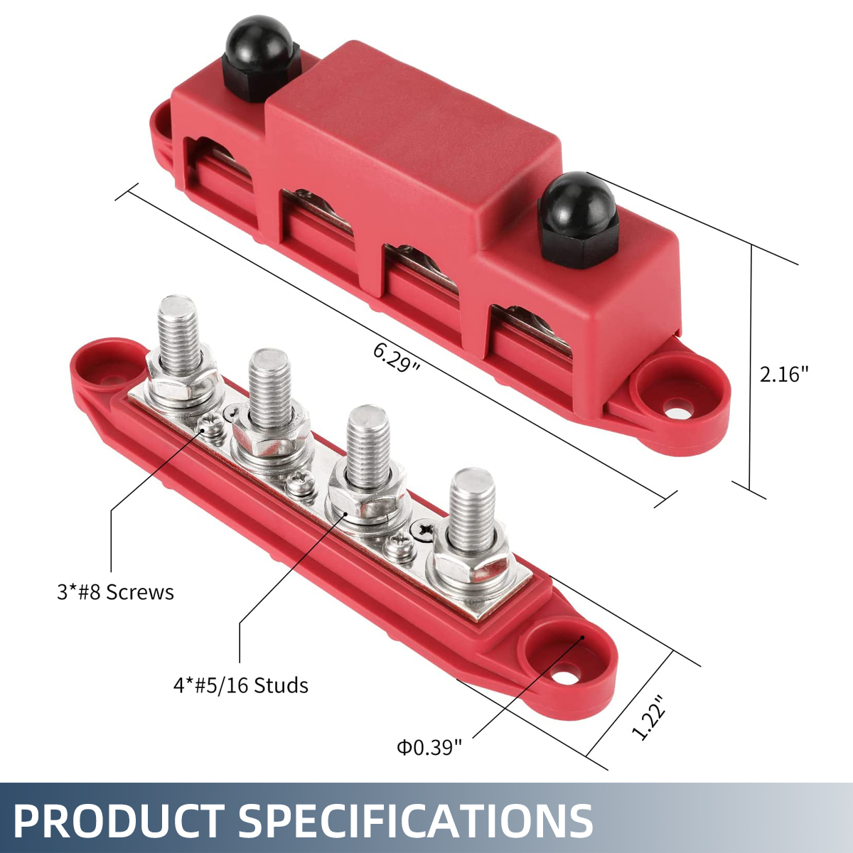 3/8" 250A 4 Stud Busbar Power Distribution Block (Red & Black) With Cover