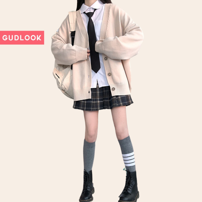 Áo Len Cardigan Basic GUDLOOK Form Rộng Màu Be Dễ Phối Đồ