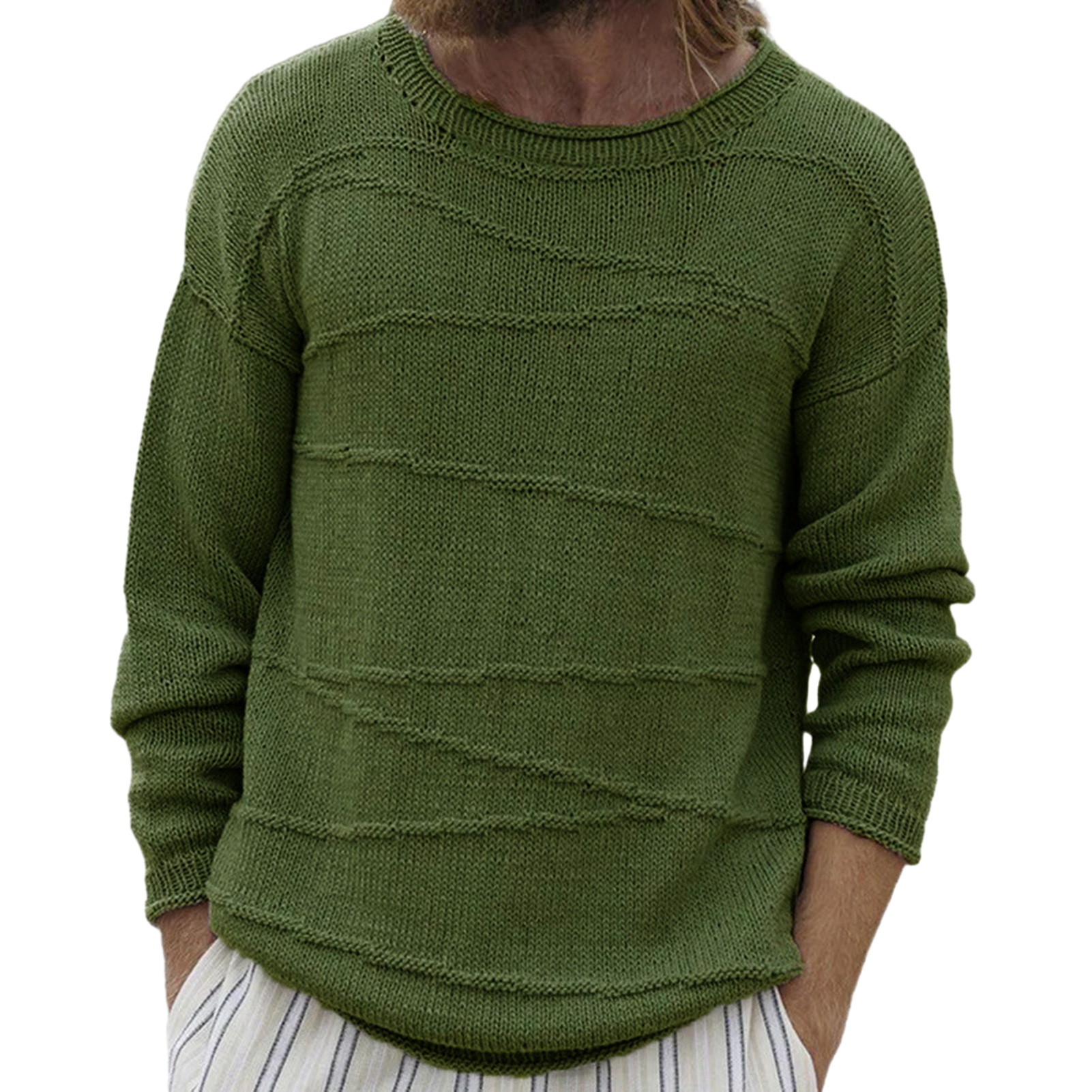 Herren-Pullover, einfarbig, gerippter Bündchenpullover, gemütlicher Herren-Winterpullover, lockere Passform, gerippte Bündchen und O-Ausschnitt-Design, Perfect771_voghion.com