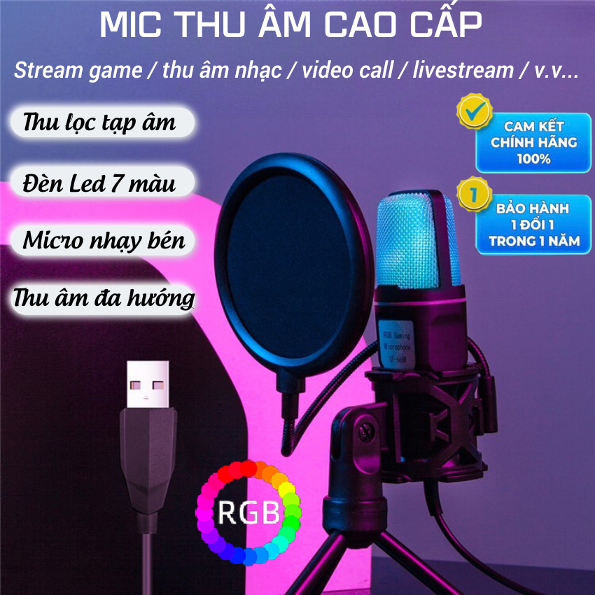 Micro thu âm usb, mic thu âm có dây, độ nhạy cao tích hợp led rgb, mic thu âm livestream có màng lọc tạp âm, chân đỡ để bàn